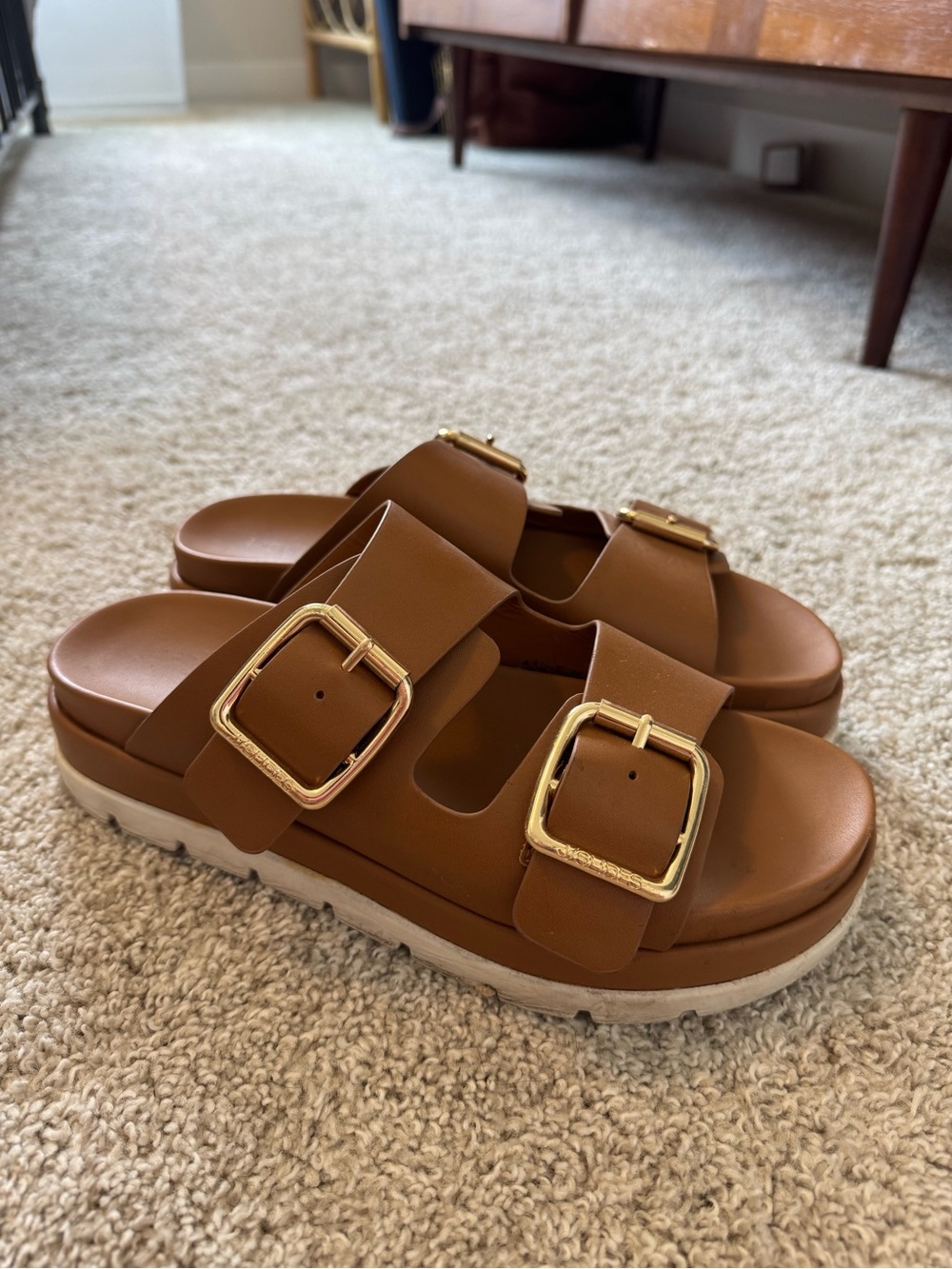 J Slides Brown Double-Buckle Platform Sandals Size 9.5